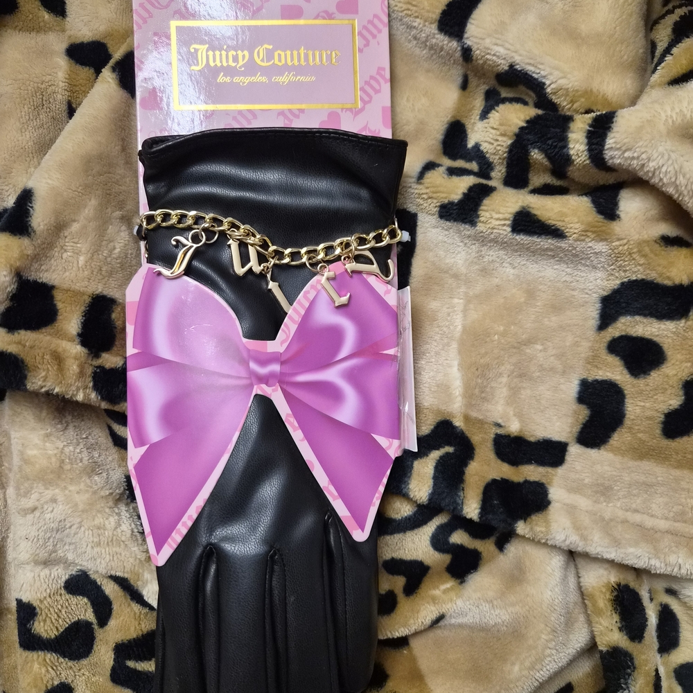 Juicy Couture Black Gloves with Pink Ribbon and Gold Charm